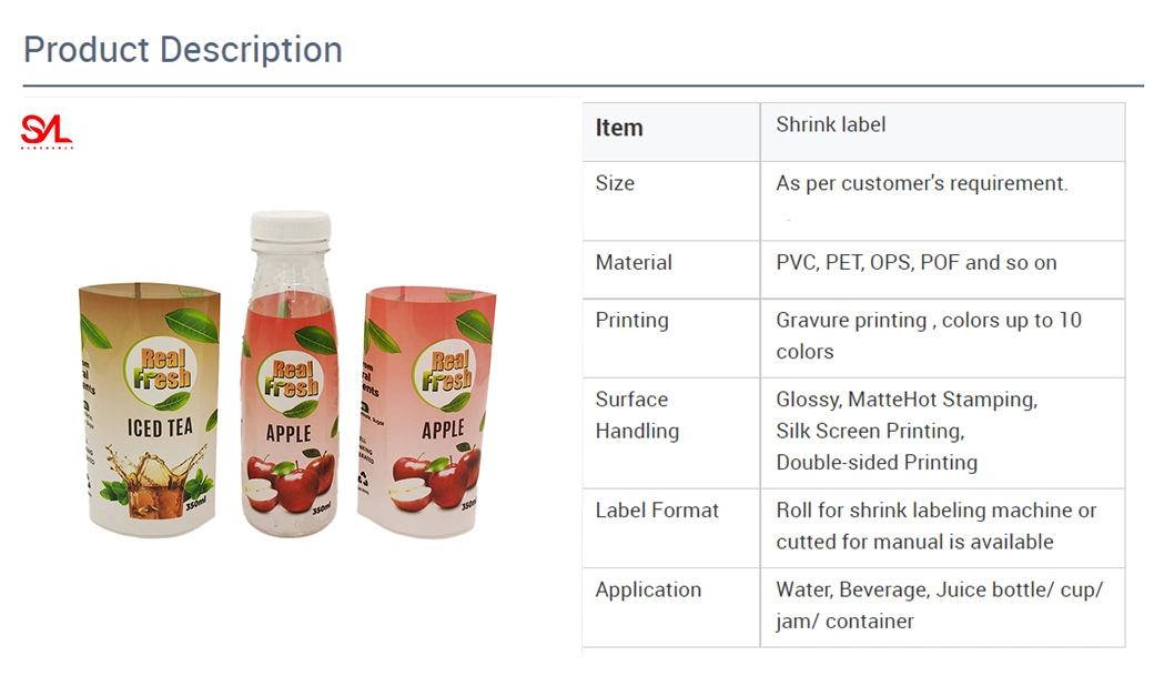 Chinese Supplier Packaging PVC Shrink Sleeve Label for Orange Juice Bottle